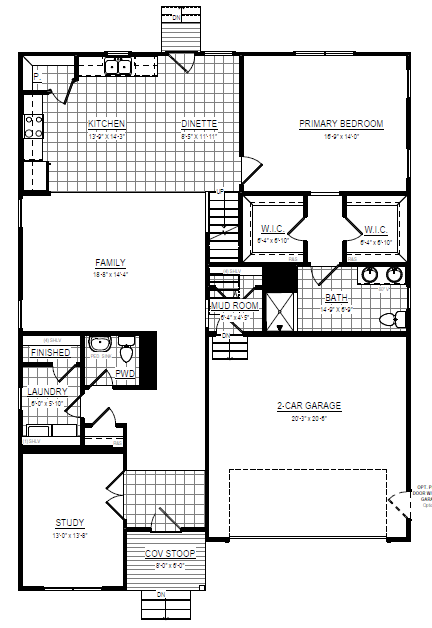 Black-and-white floor plan of Shenandoah with kitchen, family room, bedroom, bath, laundry, study, and 2-car garage.