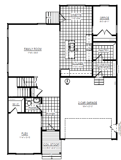 First floor Newport house plan with family room, kitchen, dinette, office, garage, pantry, mudroom, and flex room.