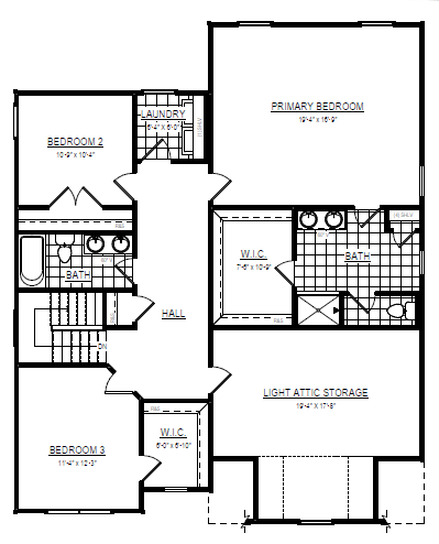 Black and white floor plan for a Newport home with three bedrooms, two baths, laundry, hall, and attic storage spaces.