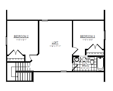 Black and white floor plan for Somerset Hill showing two bedrooms, a loft, a bathroom, and a stairway.