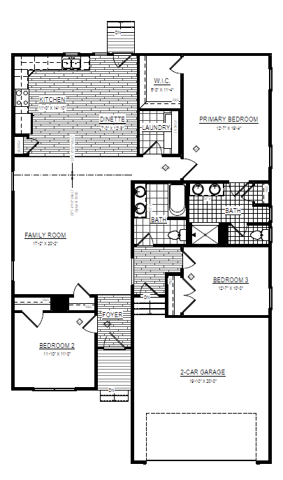 Black and white floor plan layout of Somerset Hill, a single-story home with three bedrooms and a two-car garage.