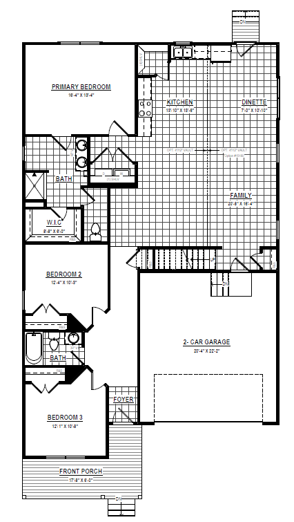 Black-and-white floor plan of a Somerset Hill house with three bedrooms, two baths, family room, kitchen, and two-car garage.