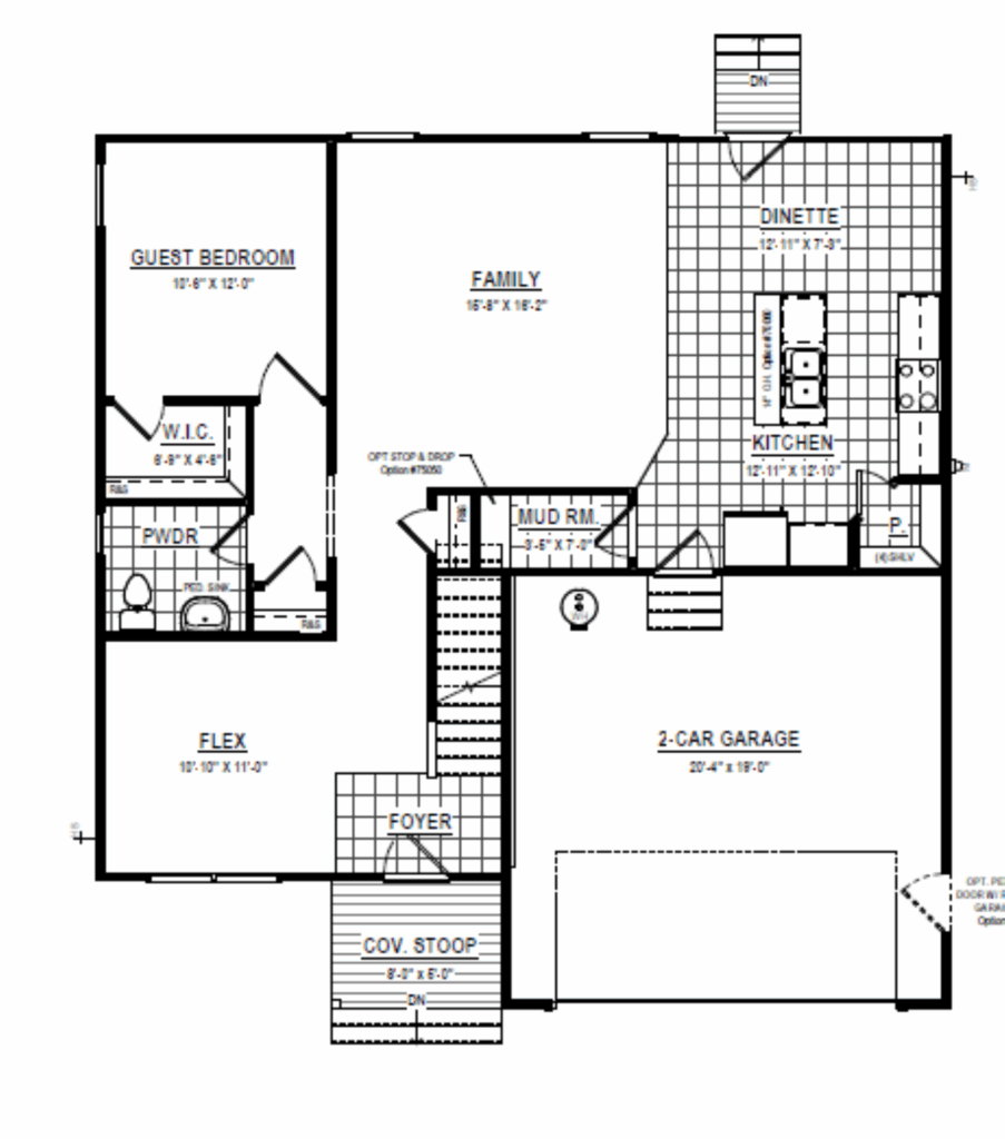 Floor plan at Shirley Commons, Stafford: guest bedroom, family room, kitchen, dining area, garage, foyer, and flex room.