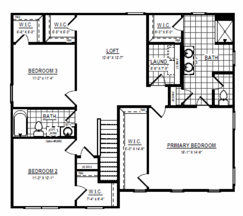 Second floor house plan at Shirley Commons with three bedrooms, loft, and walk-in closets—ideal for senior living in Stafford.