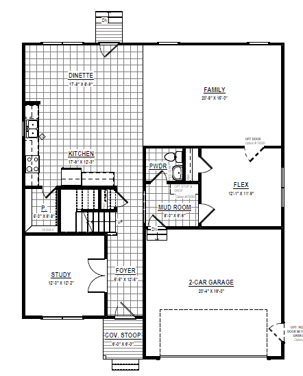 First floor Albany home layout in Poplar Village with kitchen, dinette, family room, study, flex room, and garage.