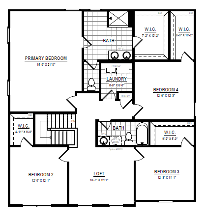 Black-and-white floor plan of Poplar Village Albany shows four bedrooms, three baths, loft, laundry room, and walk-in closets.
