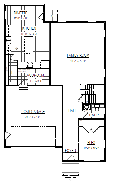 Somerset Hill first floor plan with kitchen, dinette, family room, mudroom, garage, flex room, foyer, and powder room.