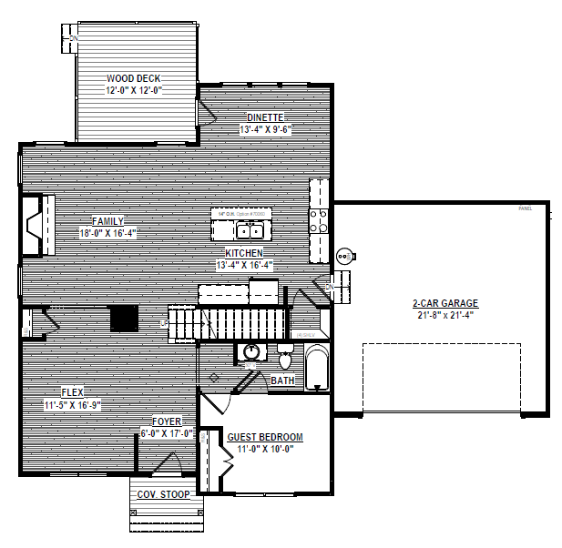 First floor plan at Poplar Village Lot 23 with family room, kitchen, dinette, guest bedroom, bath, flex room, and 2-car garage.