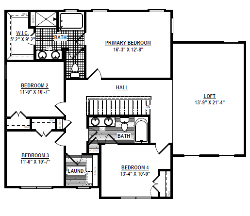 Black and white floor plan of Poplar Village Lot 23’s upper level with four bedrooms, two baths, loft, laundry, and hall.