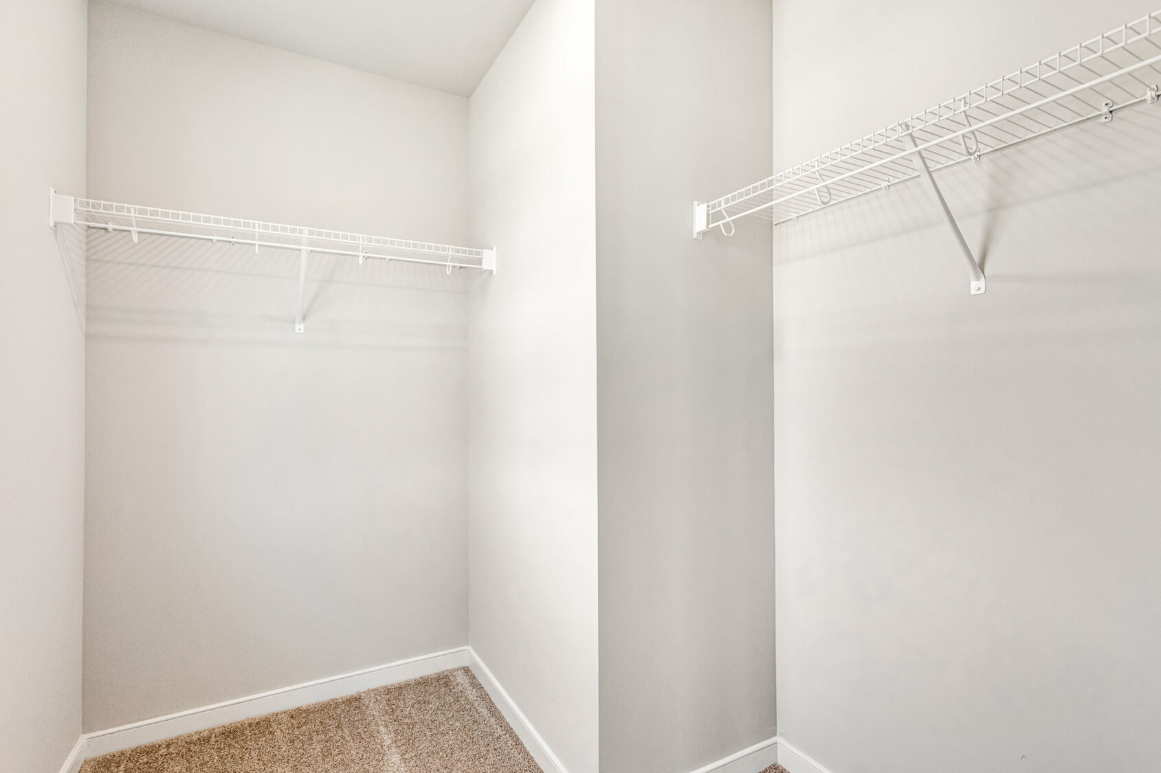 Empty walk-in closet with beige carpet, white walls, and wire shelving on two sides in Poplar Village Lot 26.