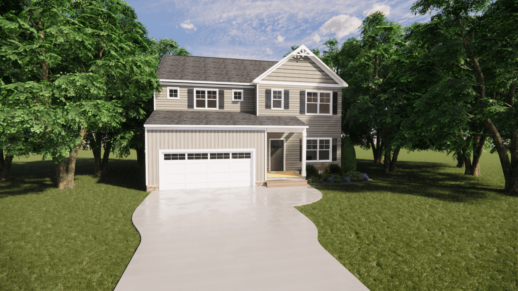 Two-story suburban house in Poplar Village with double garage, front porch, on Lot 26 and a curved driveway among trees.