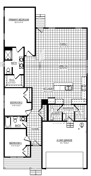 Black and white floor plan of the Somerset Hill single-story house with three bedrooms, two baths, and a two-car garage.