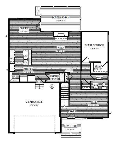 Black and white floor plan of Lot 26 in Poplar Village, with labeled rooms including garage, kitchen, and family room.