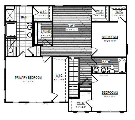 Poplar Village Lot 26: Floor plan with primary bedroom, two bedrooms, loft, two baths, laundry, and walk-in closets.