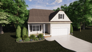 A beige single-story Somerset Hill house with a front porch, garage, and landscaped yard surrounded by trees.