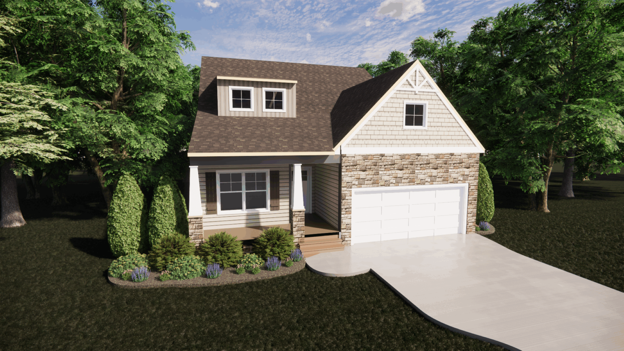 A Somerset Hill suburban house with stone and siding, front porch, two-car garage, and trees.
