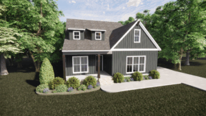 A modern dark gray Somerset Hill house with white trim, a front porch, surrounded by trees and landscaping.
