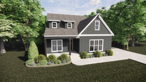 A modern dark gray Somerset Hill house with white trim, a front porch, surrounded by trees and landscaping.