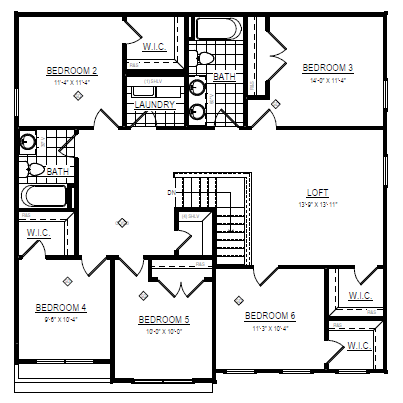 Black and white floor plan of Somerset Hill with six bedrooms, three baths, a laundry room, and a central loft area.