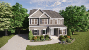 Two-story gray Somerset Hill house with white trim, front porch, driveway, and landscaped yard surrounded by trees.