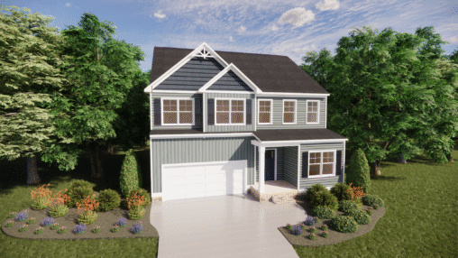 Charming two-story blue-gray home in Somerset Hill with white trim, driveway, porch, and lush landscaped yard.