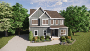 Charming two-story blue house with white trim on Somerset Hill, featuring a front porch, garden, and driveway.