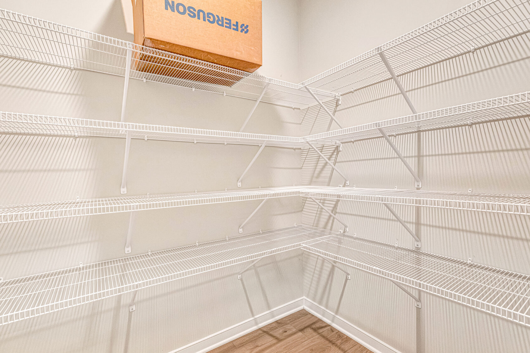 Somerset Hill Lot 8: Empty white wire shelving in a corner pantry, with one cardboard box on the top shelf.