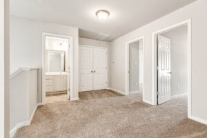 Bright, empty carpeted room in Somerset Hill with three white doors, one opening to a bath with large mirror and vanity.