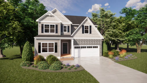 Two-story suburban house on Lot 3, Somerset Hill, with gray exterior, white trim, and two-car garage surrounded by greenery.