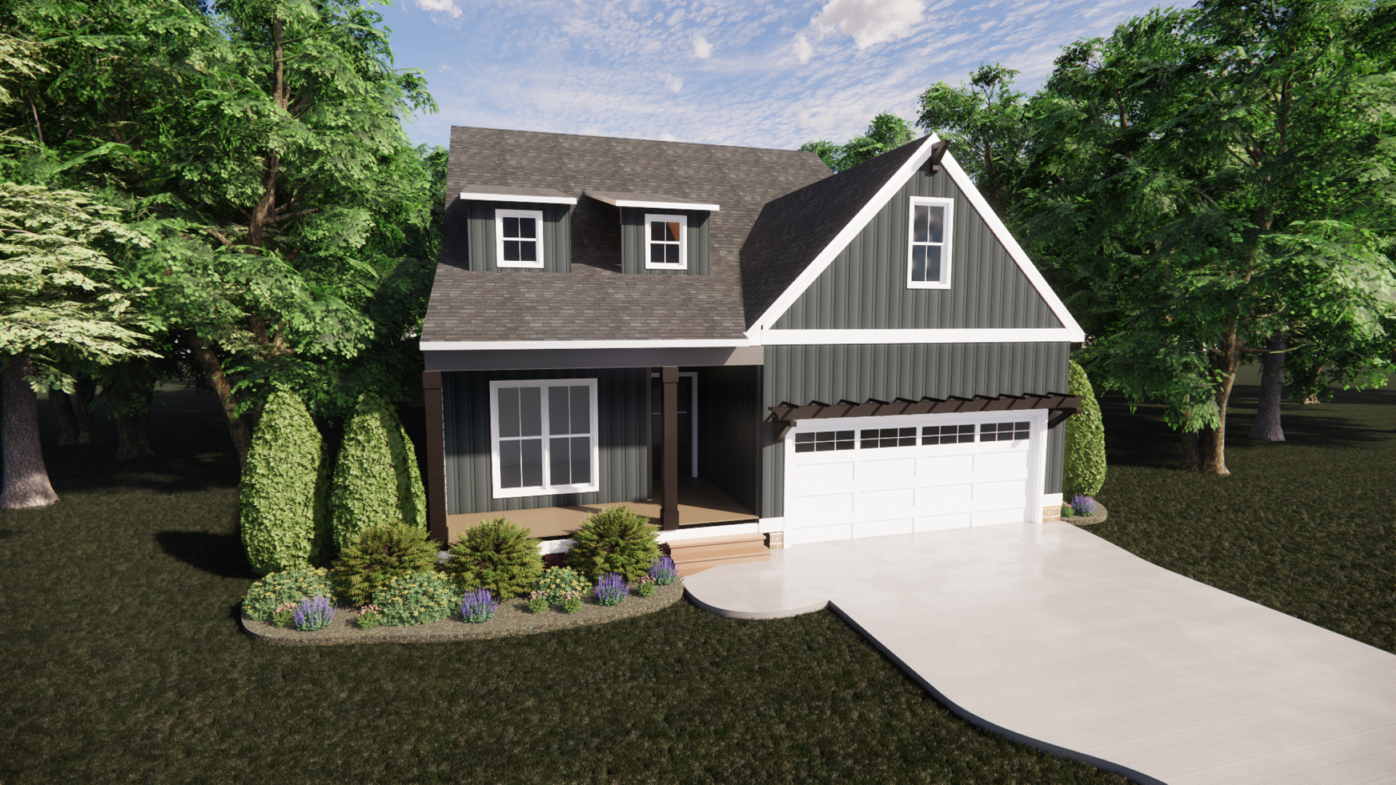 Modern two-story house on Lot 3 in Somerset Hill with gray siding, white trim, front porch, and two-car garage.