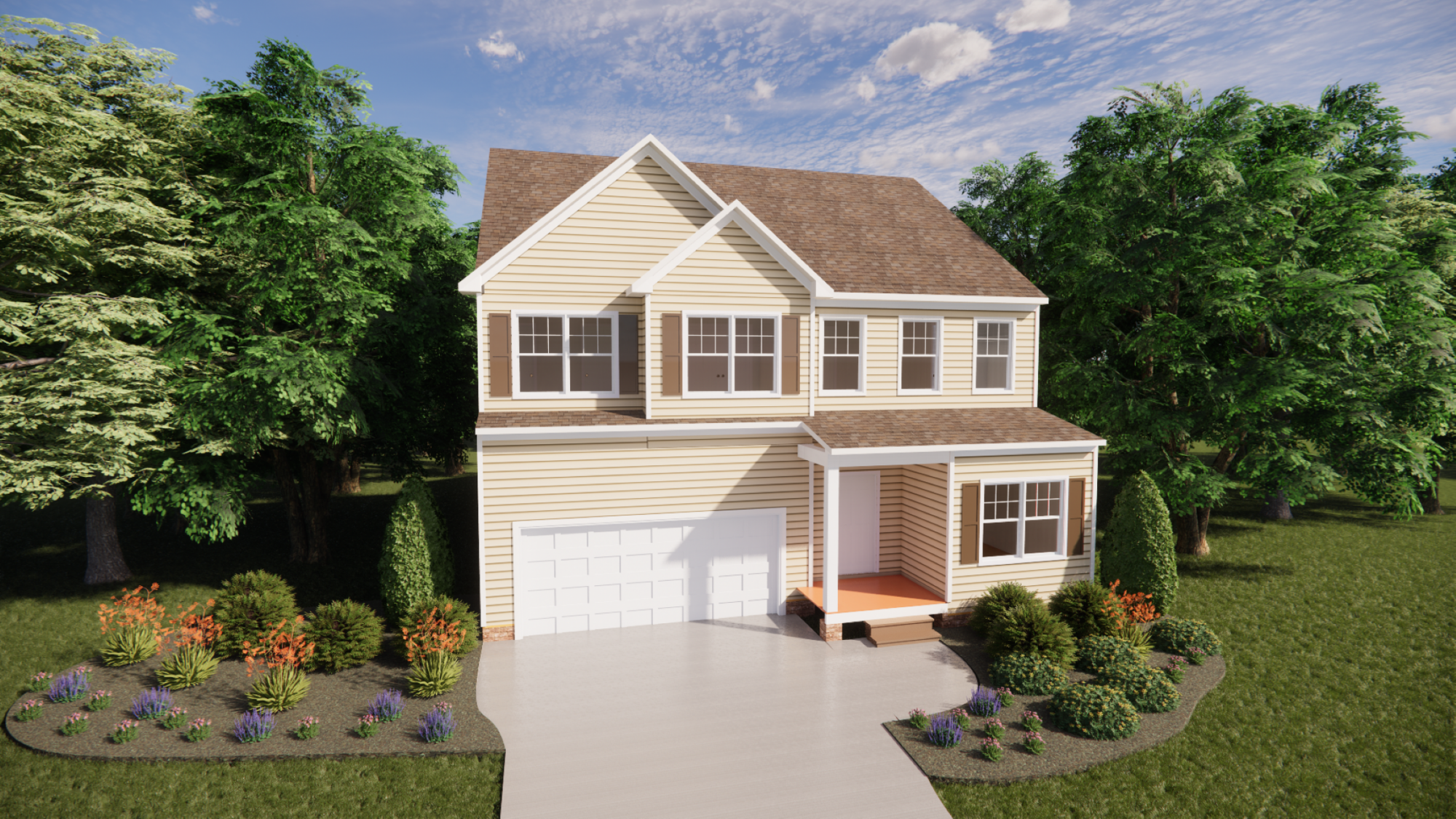 Two-story beige house with a front porch and garage, surrounded by trees and landscaped garden.