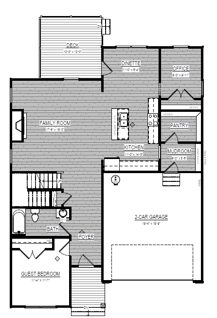Black and white floor plan for Somerset Hill Lot 3 featuring kitchen, family room, office, guest bedroom, and garage.