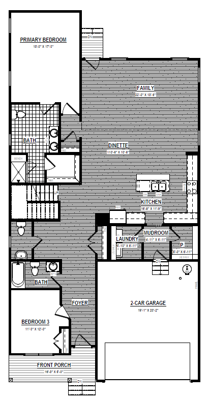 Black and white floor plan for Lot 3, Somerset Hill: three bedrooms, two baths, kitchen, family room, garage, and porch.