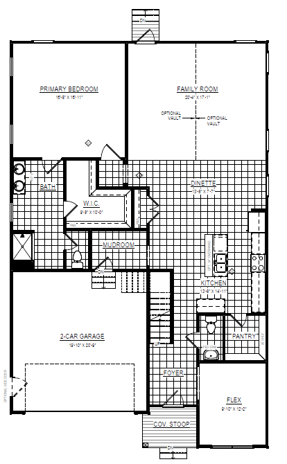 Black and white floor plan of a Somerset Hill house with garage, bedrooms, kitchen, family room, bath, and flex space.