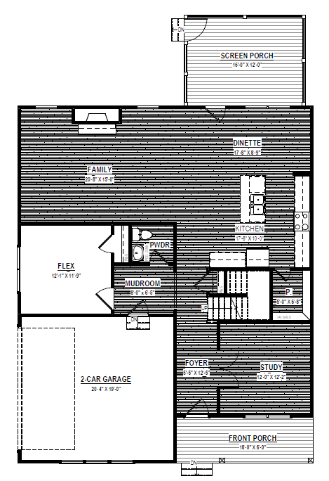 Poplar Village Lot 7: Black and white floor plan showing garage, family, flex, kitchen, dinette, porches, study, and mudroom.