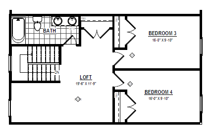 Second floor plan for Somerset Hill Lot 3 with a loft, two bedrooms, closets, bathroom, and staircase.