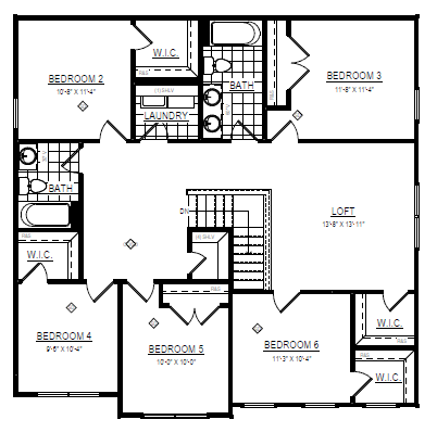 Black and white Glenn floor plan with six bedrooms, a loft, three baths, laundry, and labeled closets.