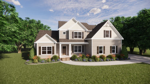 Two-story beige house on Lot 7 with front porch, green lawn, shrubs, and trees in Shirley Commons under a blue sky.