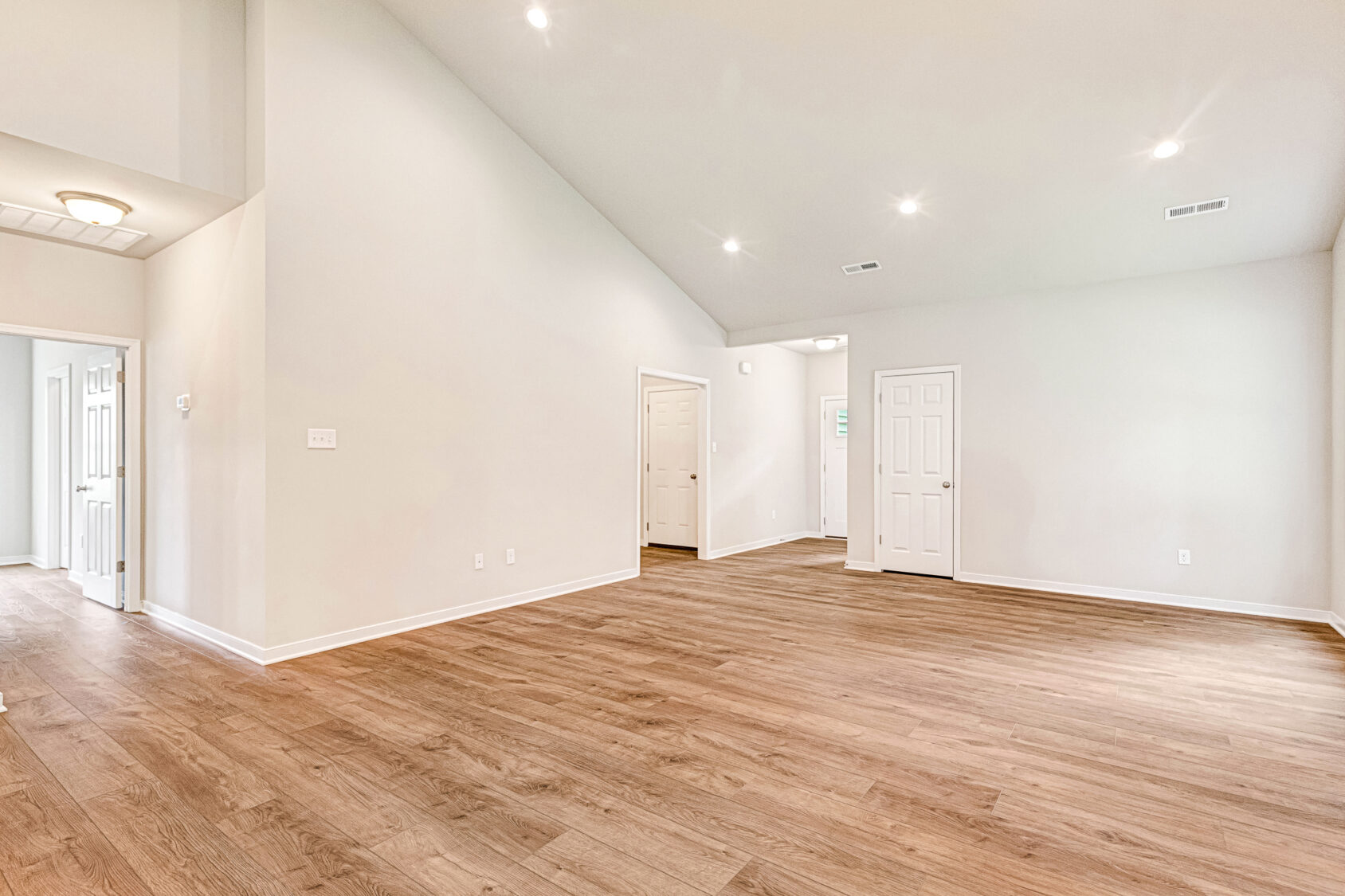 Spacious empty room with wood floors, white walls, and recessed lights awaits at Lot 4 in Somerset Hill.