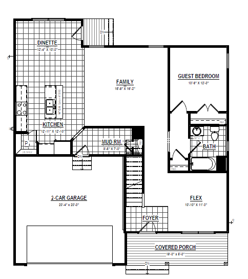 Somerset Hill Lot 6: First floor plan with kitchen, dinette, family room, guest bed, bath, flex room, garage & porch.
